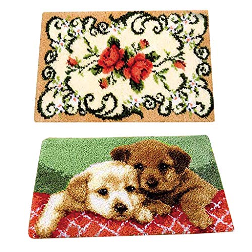 Tubayia 2 Set Knüpfteppich Blumen Hund Muster Kreuzstich DIY Teppich Bastelset Geschenk von Tubayia