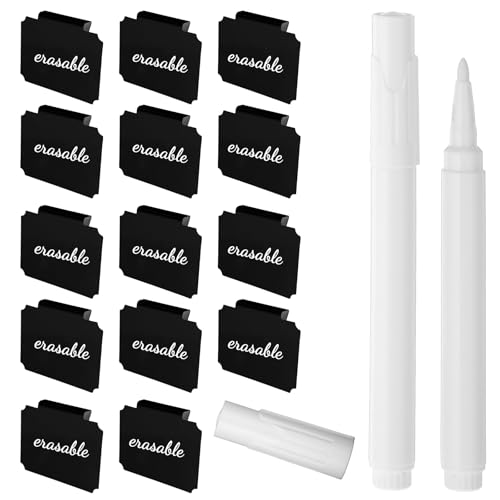 14 Stück Etikettenhalter Clip, Beschriftungsschilder, Schwarz Label Halter mit 2 Weiß Stifte, Etikettenhalter für Körbe und Aufbewahrungsboxen von Tucnoeu