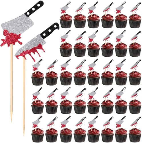 36 Stück Glitzer Halloween Messer Tortendeko, halloween muffin deko, halloween fake messer Blut Cupcake Topper, für gruselige Partydekorationen von Tucnoeu