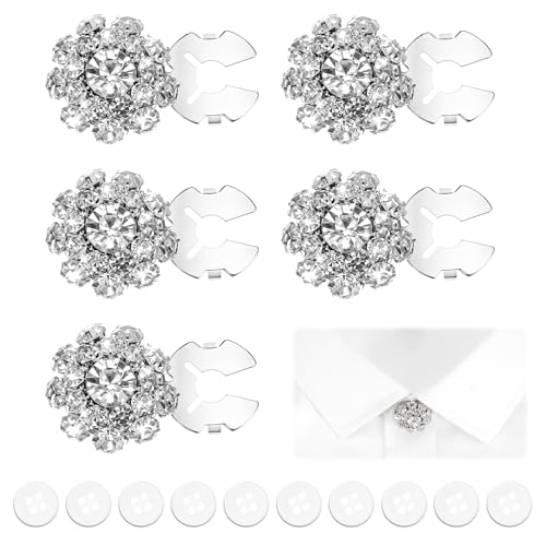 Tucnoeu 5 Stück Silber Strass-Knopfabdeckung und 10 Stück Weiße Tasten, Clip On Knopfschmuck, Knopfabdeckungen für Hemden und Blusen von Tucnoeu