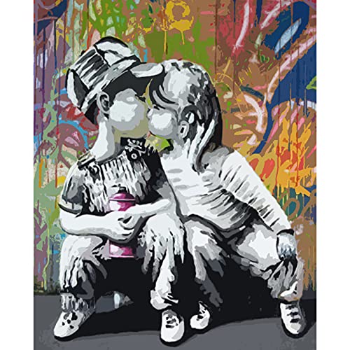 Banksy Little Boy Girl Kissing Ölgemälde Malen nach Zahlen Kits Banksy Leinwand DIY Ölgemälde für Kinder Studenten Erwachsene Anfänger mit Pinseln und Acryl-Pigment 40 x 50 cm (ohne Rahmen) von Tucocoo