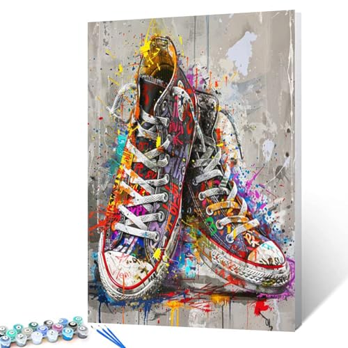Banksy Street Style Sneakers, Malen nach Zahlen, Graffiti-Schuhe, Malerei, DIY-Malerei auf Leinwand mit Pinseln, Acrylfarben, Malen nach Zahlen, für Erwachsene und Kinder, Anfänger, DIY-Set, 40,6 x Banksy Street Style Sneakers, Malen nach Zahlen, Graffiti-Schuhe, Malerei, DIY-Malerei auf Leinwand mit Pinseln, Acrylfarben, Malen nach Zahlen, für Erwachsene und Kinder, Anfänger, DIY-Set, 40,6 x von Tucocoo