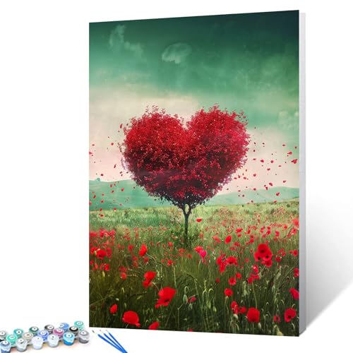 Baum des Lebens Malen nach Zahlen-Set romantisches Herz, Leinwand, DIY, rote Rose, Gänseblümchen, Malen für Kinder Erwachsene Anfänger mit Pinseln und Wildblumen-Acryl-Kunstgeschenk (ohne Rahmen) von Tucocoo