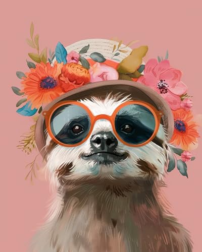 Malen nach Zahlen, Motiv: Faultier mit niedlicher Sonnenbrille und Strohhut, Malen nach Zahlen, Tierkleidung, Blumen, Hut, DIY-Malerei mit Pinseln, Acrylfarben, Malen nach Zahlen für Erwachsene und von Tucocoo