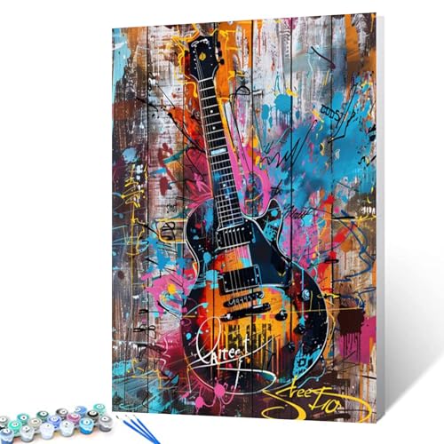 Malen nach Zahlen Graffiti-Gitarre, bunte Banksy-E-Gitarre, DIY-Malerei auf Leinwand mit Pinseln, Acrylfarben, Malen nach Zahlen, für Erwachsene und Kinder, Anfänger, DIY-Set, 40,6 x 50,8 cm (ohne von Tucocoo