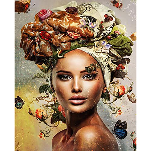 Malen nach Zahlen für Erwachsene, Frauenporträt DIY Ölgemälde-Kits auf Leinwand mit Pinseln und Acryl-Pigment – Schmetterling und Blumen, Bilder, Kunsthandwerk für Heimdekoration (rahmenlos) von Tucocoo