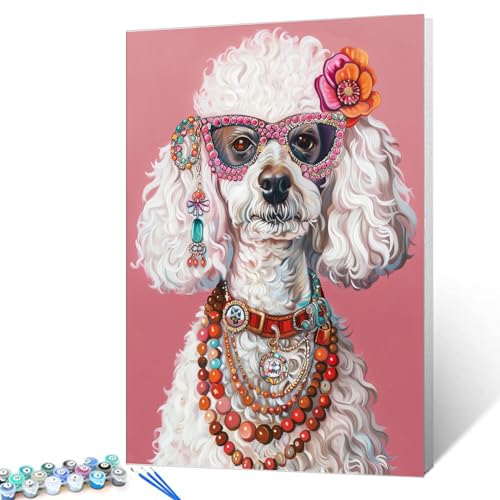 Malen nach Zahlen für Erwachsene, Hunde mit Blütenköpfen, rosa Sonnenbrille und Schmuck, Malen nach Zahlen für Kinder, Bohemian-Stil, Malerei, Kunsthandwerk auf Leinwand, Wanddekoration (DIY-Rahmen), Malen nach Zahlen für Erwachsene, Hunde mit Blütenköpfen, rosa Sonnenbrille und Schmuck, Malen nach Zahlen für Kinder, Bohemian-Stil, Malerei, Kunsthandwerk auf Leinwand, Wanddekoration (DIY-Rahmen), von Tucocoo