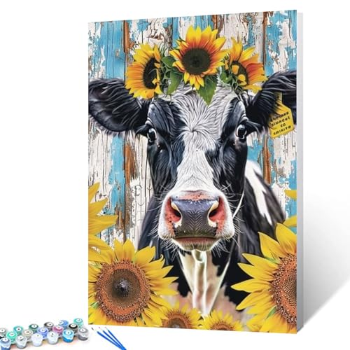 Malen nach Zahlen mit Kuh mit Sonnenblumenkrone, Bild für Erwachsene, Anfänger, niedliche Tier-Wandkunst für Badezimmer, Schlafzimmer, Retro-Stil, digitale Zeichnung, Malerei für moderne Wohnkultur, Malen nach Zahlen mit Kuh mit Sonnenblumenkrone, Bild für Erwachsene, Anfänger, niedliche Tier-Wandkunst für Badezimmer, Schlafzimmer, Retro-Stil, digitale Zeichnung, Malerei für moderne Wohnkultur, von Tucocoo