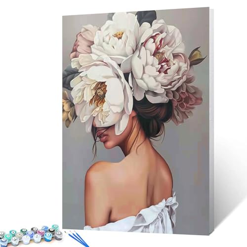 Modisches Mädchen mit Blumen auf Kopf, Malen nach Zahlen für Erwachsene, moderne Kunst, Figur Dame, Malen nach Zahlen für Erwachsene, Anfänger, Acryl-Ölgemälde-Set mit Rahmen von Tucocoo