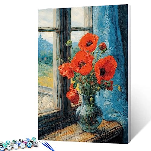 Mohnblumenvase, Malen nach Zahlen, Set mit Pinseln und Acryl-Pigment auf Leinwand, Malerei für Erwachsene, rustikale Fenster, Blumen, Kunsthandwerk, Projekt für Zuhause, Wanddekoration (DIY gerahmt) Mohnblumenvase, Malen nach Zahlen, Set mit Pinseln und Acryl-Pigment auf Leinwand, Malerei für Erwachsene, rustikale Fenster, Blumen, Kunsthandwerk, Projekt für Zuhause, Wanddekoration (DIY gerahmt) von Tucocoo