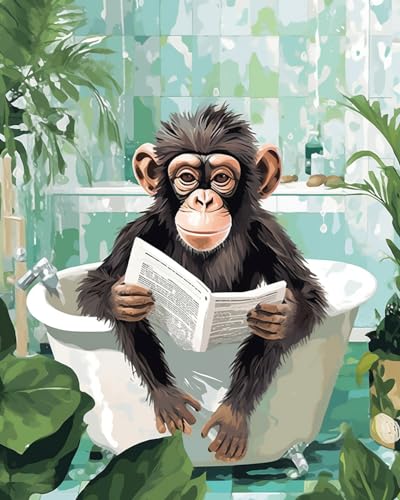 Monkey Read Zeitungsmalerei für Erwachsene, Dschungel, Badezimmer, Tierbadewanne, DIY, Malen nach Zahlen, Acrylfarbe, Leinwand, grüne Blätter, von der Natur inspirierte Malset, Kunst, 40,6 x 50,8 cm von Tucocoo