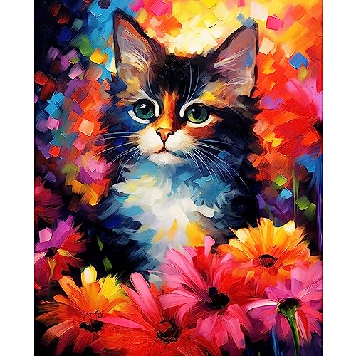 Niedliche Katze Malen nach Zahlen für Erwachsene, DIY Digital Ölgemälde Kits auf Leinwand mit Pinseln und Acrylpigment, Abstrakte Blumen Tier handgemalter Stil für Heimdekoration 40x 50cm (rahmenlos) von Tucocoo