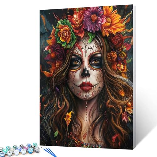 Ölgemälde mit Totenkopf-Motiv, Malen nach Zahlen, 40,6 x 50,8 cm, Leinwandgemälde, Halloween, Frau, Portrait, DIY-Ölgemälde für Erwachsene und Anfänger, mit Pinseln, Acrylpigment (DIY-Rahmen) von Tucocoo