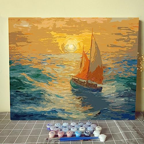 Segelboot Malen nach Zahlen Kits mit Pinseln und Acryl-Pigment auf Leinwand, Malerei für Erwachsene, schöne Ozean-Sonnenuntergang, Landschaft, Kunsthandwerk, Projekt für Heimdekoration (DIY gerahmt) von Tucocoo