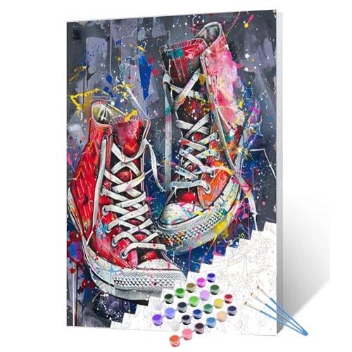 Straßen-Graffiti-Sneakers, Malen nach Zahlen, 40,6 x 50,8 cm, Leinwand, Retro-Banksy-Stil, rote Schuhe, DIY-Ölgemälde für Kinder, Studenten, Erwachsene, Anfänger, mit Pinseln, Acrylpigmentzeichnungen Straßen-Graffiti-Sneakers, Malen nach Zahlen, 40,6 x 50,8 cm, Leinwand, Retro-Banksy-Stil, rote Schuhe, DIY-Ölgemälde für Kinder, Studenten, Erwachsene, Anfänger, mit Pinseln, Acrylpigmentzeichnungen von Tucocoo