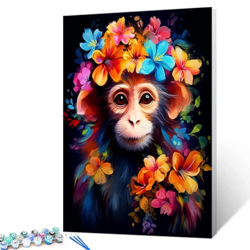 Tucocoo Affe Blumen Malen nach Zahlen Kits 40 x 50 cm Leinwand DIY Ölgemälde für Erwachsene mit Pinseln und Acrylpigment – Niedliches Tier-Nahaufnahmebild für Heimdekor-Geschenke (ohne Rahmen) von Tucocoo