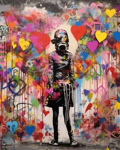 Tucocoo Banksy Farbe nach Zahlen Kits 40x50cm Leinwand Liebe Graffiti Mädchen Herz Wand DIY Ölmalerei für Kinder Studenten Erwachsene Anfänger mit Pinsel Acrylpigment (ohne Rahmen) von Tucocoo