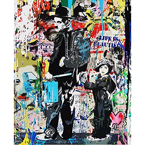 Tucocoo Banksy Graffiti Kunst Ölgemälde Charlie Chaplin The Kid Ölgemälde Leinwand personalisiert DIY Malen nach Zahlen Set Malen für Anfänger (40 x 50 cm) von Tucocoo