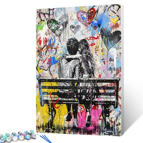 Tucocoo Banksy Graffiti Malen nach Zahlen für Erwachsene, Love Easy DIY Ölgemälde-Kits auf Leinwand mit Pinseln und Acrylpigment, zwei Liebhaber, die auf der Bank sitzen, Bild für Heimdekoration Tucocoo Banksy Graffiti Malen nach Zahlen für Erwachsene, Love Easy DIY Ölgemälde-Kits auf Leinwand mit Pinseln und Acrylpigment, zwei Liebhaber, die auf der Bank sitzen, Bild für Heimdekoration von Tucocoo