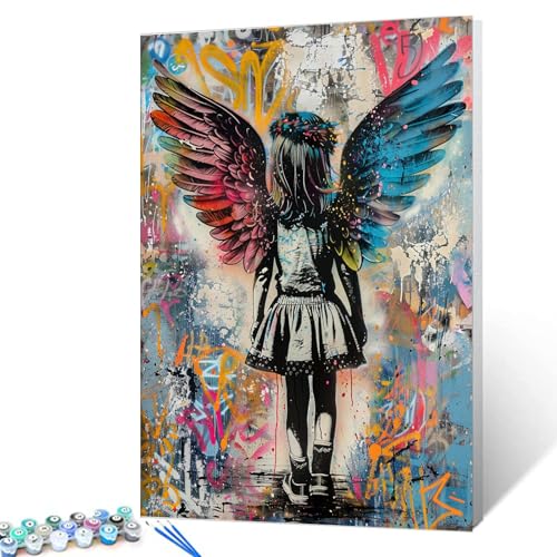 Tucocoo Banksy Malen-nach-Zahlen-Set mit Engelsflügeln zum Selbermachen, mit Pinseln und Acrylpigmenten auf Leinwand, Gemälde für Erwachsene, kleines Mädchen, Straße, Pop-Art-Bild für Heimdekoration von Tucocoo