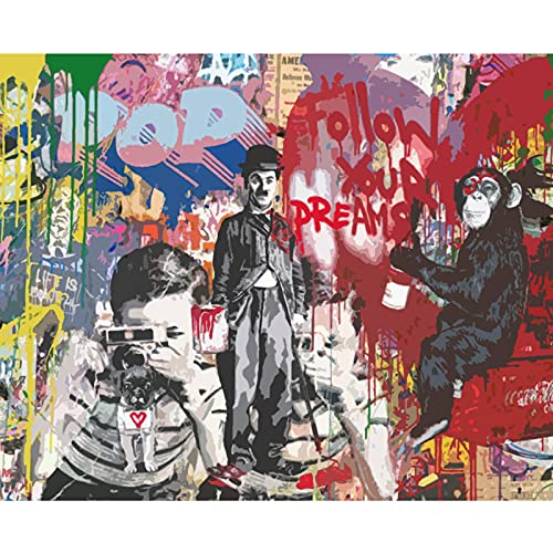 Tucocoo Banksy Pop Art Ölgemälde Follow Your Dreams Ölgemälde Graffiti Kunst Charlie Chaplin Ölgemälde Acryl DIY Malen nach Zahlen Set Malen für Anfänger (40 x 50 cm) von Tucocoo