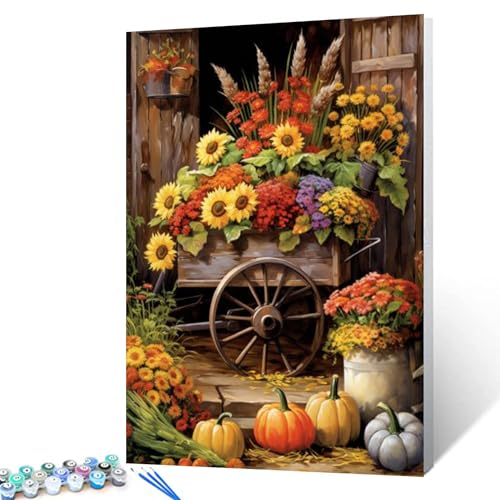 Tucocoo Bunte Blumen Float Farbe nach Zahl Ländliche Herbst Ernte Landschaft DIY Malerei auf Leinwand mit Pinseln Acrylfarben Farbe nach Zahlen für Erwachsene und Kinder Anfänger 40x50cm (DIY Rahmen) von Tucocoo