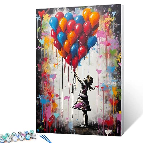 Tucocoo Buntes Ballon-Malen nach Zahlen für Erwachsene, DIY digitales Ölgemälde-Set auf Leinwand mit Pinseln und Acrylpigment, Banksy Little Girl Street Artwork für Heimdekoration, 40 x 50 cm von Tucocoo