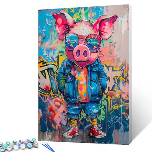 Tucocoo Cooles Tier-Malen-nach-Zahlen-Set, 40 x 50 cm, buntes DIY-Ölgemälde für Erwachsene mit Pinseln und Acryl-Pigment, Graffiti-Bild mit niedlichem Schweinebild für Heimdekoration, Geschenke von Tucocoo