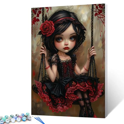 Tucocoo Dark Girl Swing Malen nach Zahlen für Erwachsene und Anfänger, einfaches DIY-Ölgemälde-Set auf Leinwand mit Pinseln und Acrylpigment, magische Frau, rote Blume, Bild für Heimdekoration von Tucocoo