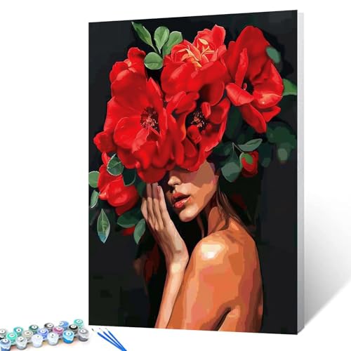 Tucocoo Frauen mit Blumen auf dem Kopf, Malen nach Zahlen für Erwachsene, Anfänger, weibliche Körperbemalung, rote Blume, Acryl-Ölgemälde-Set für Heimdekoration und Geschenk für Festivals, mit Rahmen Tucocoo Frauen mit Blumen auf dem Kopf, Malen nach Zahlen für Erwachsene, Anfänger, weibliche Körperbemalung, rote Blume, Acryl-Ölgemälde-Set für Heimdekoration und Geschenk für Festivals, mit Rahmen von Tucocoo