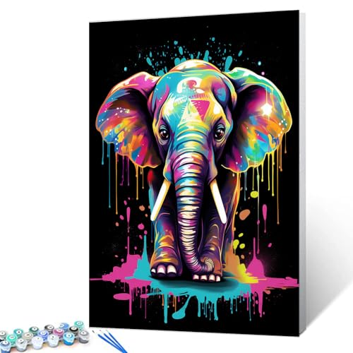 Tucocoo Graffiti-Elefant, Malen nach Zahlen für Erwachsene, DIY digitales Ölgemälde-Kits auf Leinwand mit Pinseln und Acrylpigment, niedliches Tier, schwarz, buntes Bild für Heimdekoration, 40x50 cm von Tucocoo