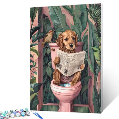 Tucocoo Malen nach Zahlen, Motiv: Welpe auf Toilette, 40 x 50 cm, Leinwand, DIY-Ölgemälde für Erwachsene, mit Pinseln und Acrylpigment, niedlicher Hund, tropische Pflanze, Badezimmerbild für Tucocoo Malen nach Zahlen, Motiv: Welpe auf Toilette, 40 x 50 cm, Leinwand, DIY-Ölgemälde für Erwachsene, mit Pinseln und Acrylpigment, niedlicher Hund, tropische Pflanze, Badezimmerbild für von Tucocoo