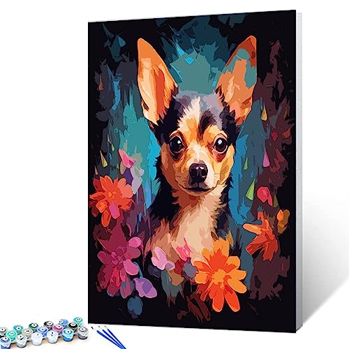 Tucocoo Malen nach Zahlen-Set mit Pinseln und Acryl-Pigment auf Leinwand, Malerei für Erwachsene, niedliche Welpen, Tierblumen, handbemalte Kunsthandwerksprojekt für Heimdekoration (DIY gerahmt) von Tucocoo