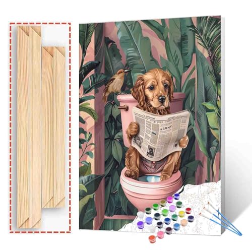 Tucocoo Malen-nach-Zahlen-Set mit Pinseln und Acryl-Pigmenten auf Leinwand, Gemälde für Erwachsene, niedlicher Hund, tropische Pflanze, Badezimmerbild für Zuhause, Wanddekoration, Geschenke, 40x50cm von Tucocoo