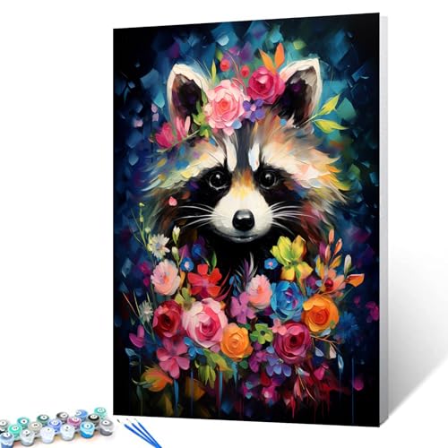 Tucocoo Malen-nach-Zahlen-Set mit Waschbär-Blumen, Pinseln und Acrylpigmenten auf Leinwand, Gemälde für Erwachsene, abstraktes Blumenmuster, niedliches Tierbild für Heimdekoration, Geschenke von Tucocoo