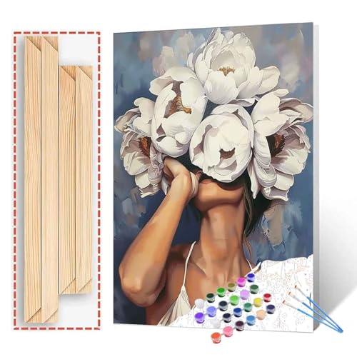 Tucocoo Malen nach Zahlen für Damen und Blumen moderner Stil Damenkopf Blumenbild Acryl-Ölgemälde Set Figur Dame Heimdekoration Malen nach Zahlen für Erwachsene Anfänger mit Rahmen von Tucocoo