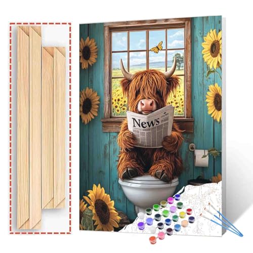 Tucocoo Malen nach Zahlen für Erwachsene, Motiv: Highland Cow, 40,6 x 50,8 cm, Acryl-Malset auf Leinwand, lustige Tier-Badezimmer-Wandkunst – DIY Holzrahmen-Malset für Anfänger, rustikale Sonnenblumen von Tucocoo