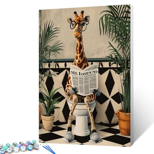 Tucocoo Malen nach Zahlen für Erwachsene, Motiv: niedliche Giraffe auf Toilette, einfaches DIY-Ölgemälde-Set auf Leinwand mit Pinseln und Acrylpigment, lustiges nordisches Tier-Badbild für von Tucocoo