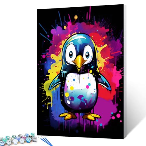 Tucocoo Malen nach Zahlen für Erwachsene, Motiv: niedlicher Pinguin, digitales Ölgemälde-Set auf Leinwand mit Pinseln und Acrylpigment, Graffiti-Tierbild, schwarz, buntes Bild für Heimdekoration von Tucocoo