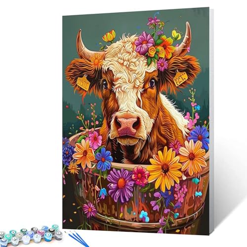 Tucocoo Ölgemälde, Kuh mit bunten Blumen im Holzfass, Malen nach Zahlen, 40,6 x 50,8 cm, Leinwand, Bauernhaus-Tier, DIY-Malerei für Erwachsene und Anfänger, mit Pinseln, Acryl-Pigment (DIY-Rahmen) von Tucocoo