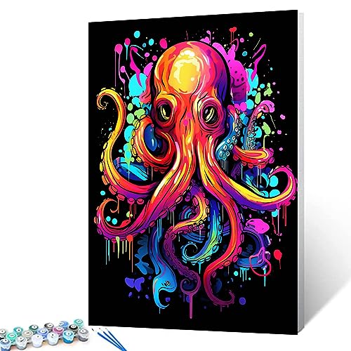 Tucocoo Oktopus-Graffiti-Malen-nach-Zahlen-Set mit Pinseln und Acrylpigment auf Leinwand, Gemälde für Erwachsene, buntes Meerestierbild für Zuhause, Wanddekoration, Geschenke, 40x50 cm (DIY gerahmt) von Tucocoo