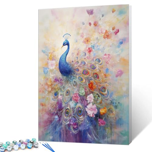 Tucocoo Pfau Malen nach Zahlen für Erwachsene, DIY Digitales Ölgemälde-Kits auf Leinwand mit Pinseln und Acrylpigment, abstraktes buntes Blumenbild für Heimdekor, Geschenke, 40 x 50 cm (rahmenlos) von Tucocoo