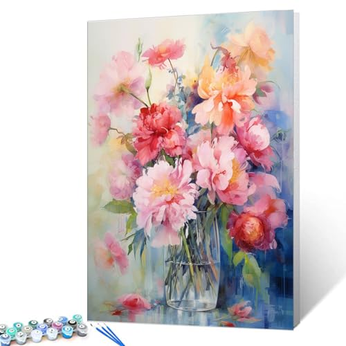 Tucocoo Pfingstrosen-Blumen-Malen-nach-Zahlen-Set mit Pinseln und Acrylpigment auf Leinwand, Gemälde für Erwachsene, schönes blühendes Blumenvasenbild für Heimdekoration, Geschenke, 40 x 50 cm von Tucocoo
