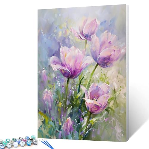 Tucocoo Romantische Tulpen Malen nach Zahlen für Erwachsene, Aquarell-Ölgemälde-Set auf Leinwand mit Pinseln und Acryl-Pigment, elegantes Blumen-Bild für Heimdekoration, 40 x 50 cm (rahmenlos) von Tucocoo