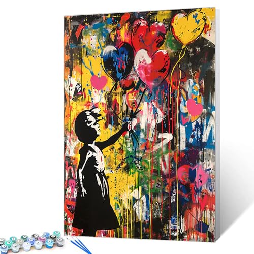 Tucocoo Street Art Malen-nach-Zahlen-Set, 40 x 50 cm, Leinwand, Banksy, Ölgemälde zum Selbermachen für Erwachsene, mit Pinseln und Acrylpigment, buntes Ballon-Graffiti-Bild für Heimdekoration von Tucocoo