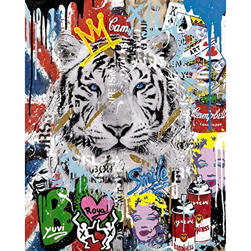 Tucocoo Tiger Graffiti Malen nach Zahlen für Erwachsene, Banksy Street Art DIY Ölgemälde Kits auf Leinwand mit Pinseln und Acrylpigment abstraktes Tierbild für Heimwanddekoration 40x 50cm (rahmenlos) von Tucocoo