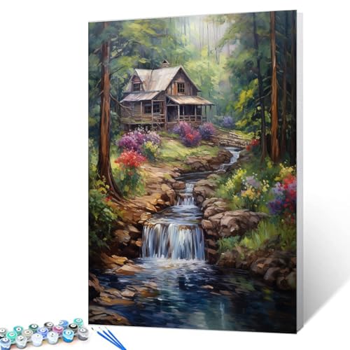 Tucocoo Wald-Wasserfall-Malen-nach-Zahlen-Kits, 40 x 50 cm, Leinwand, DIY-Ölgemälde für Erwachsene, mit Pinseln und Acrylpigmenten, rustikales Holz, Hütte, Bäume, Landschaftsbild für Tucocoo Wald-Wasserfall-Malen-nach-Zahlen-Kits, 40 x 50 cm, Leinwand, DIY-Ölgemälde für Erwachsene, mit Pinseln und Acrylpigmenten, rustikales Holz, Hütte, Bäume, Landschaftsbild für von Tucocoo