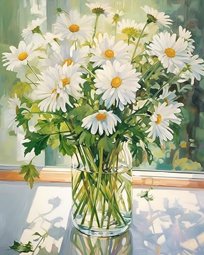 Tucocoo Weiß Daisy DIY Malen nach Zahlen für Erwachsene Weiße Blüten mit grünen Blättern in Vase DIY Oil Malerei Kits Leinwand mit Acrylfarbe Blumenkunst 40x50cm （ohne Rahmen） von Tucocoo