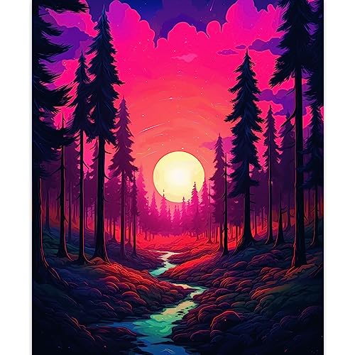 Wald Malen Nach Zahlen für Erwachsene, DIY Digital Ölgemälde Kits auf Leinwand mit Pinseln und Acrylpigment, Schöne Sonnenuntergang Landschaft Buntes Muster für Heimdekoration 40 x 50 cm (Rahmenlos) von Tucocoo