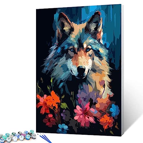 Wolf Portrait Malen nach Zahlen Kits mit Pinseln und Acryl-Pigment auf Leinwand, Malerei für Erwachsene, abstrakte Blumen, Tier, handbemalte Kunsthandwerk, für Heimdekoration, Geschenke (DIY gerahmt) von Tucocoo